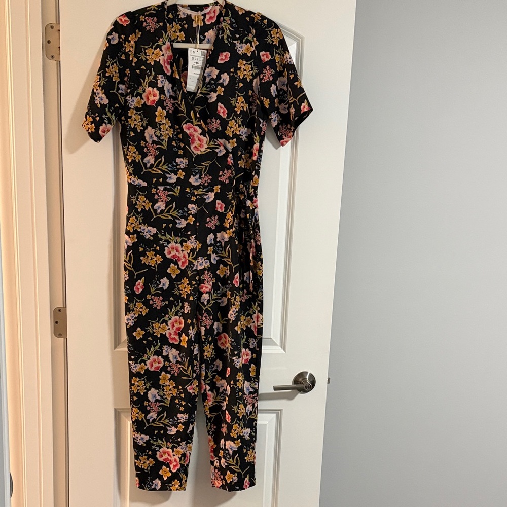 Zara Black Floral Wrap-Style Jumpsuit with Pink & Yellow Flowers